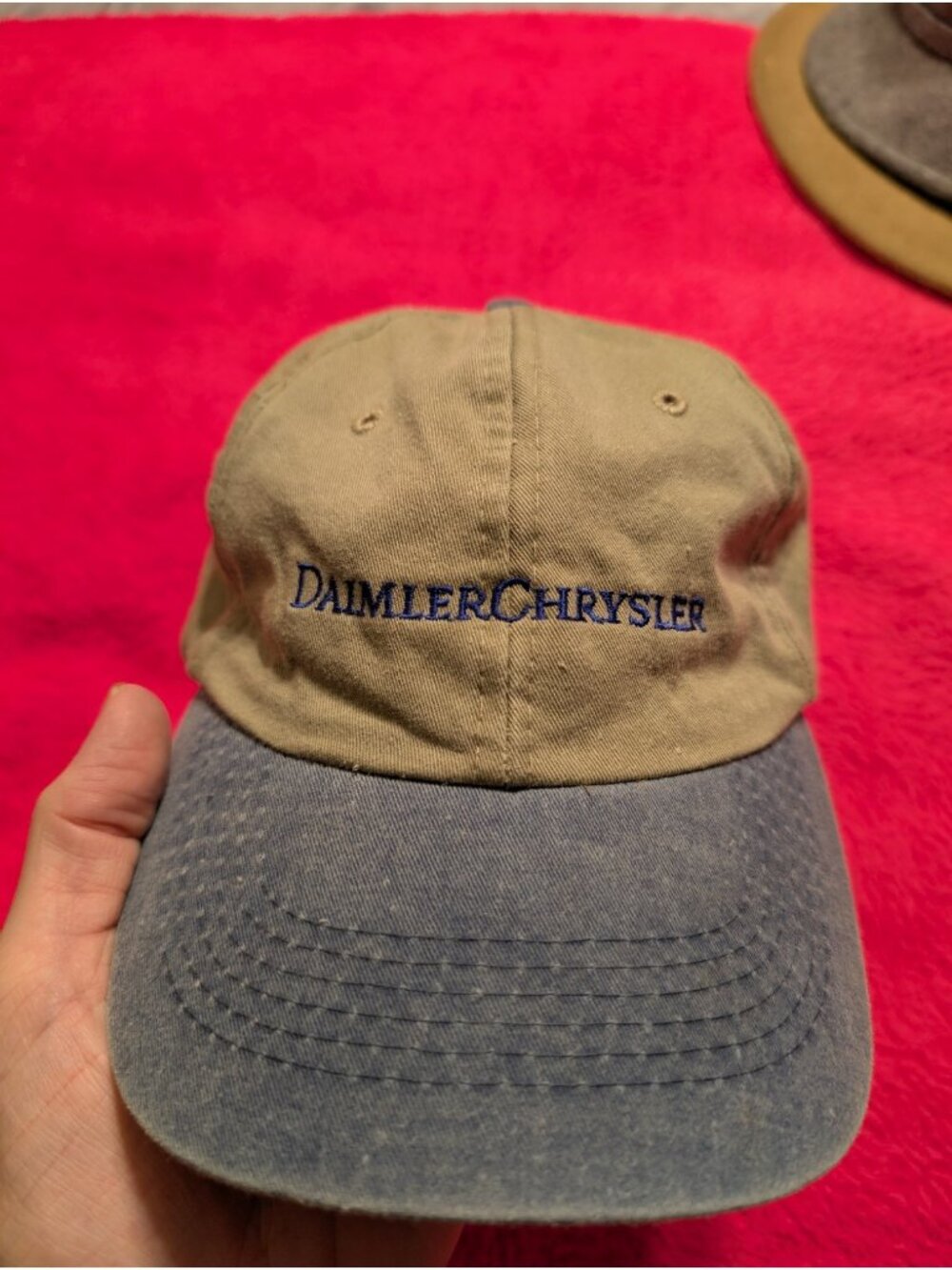 Vintage 90s DaimlerChrysler Hat Port Authority Khaki Blue Automotive Dad Cap